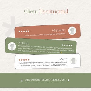 May include: Three customer testimonials on a green background. The first testimonial is from Christine and says 'Can't wait to give this to my dad for Christmas!!'. The second testimonial is from Antonia and says 'My sweatshirt is so comfortable. It is very good quality and kept me very warm. Arrived quickly and seller even checked to make sure I was satisfied with my purchase. 5 stars all around. Highly recommend'. The third testimonial is from Amy and says 'I was extremely pleased with everything. It was of great quality and great communication. I highly recommend.' The text 'ADVENTURETEECRAFT.ETSY.COM' is at the bottom of the image.