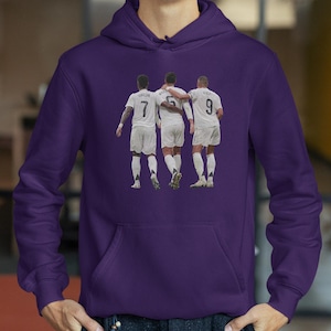 Vinicius Bellingham and Mbappe Madrid Star Trio Football Shirt, Custom Gift For Soccer Fans, Hoodie Long Sleeve Personalized Graphic Tee