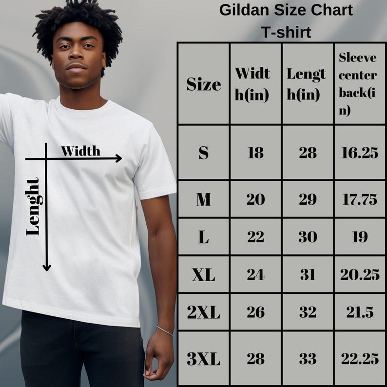 May include: Gildan Size Chart T-shirt. A size chart for Gildan T-shirts with measurements for width, length, and sleeve center back in inches. The chart includes sizes S, M, L, XL, 2XL, and 3XL.