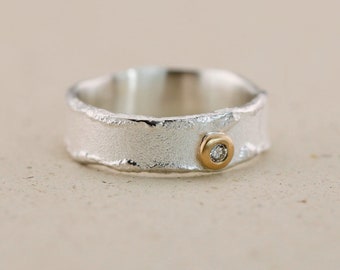 Silberring, organisch, Brillant, 750 Gold, zweifarbig, Silber, Goldschmiede, Handarbeit, Struktur, mattiert, Unikat, geschmiedeter Ring