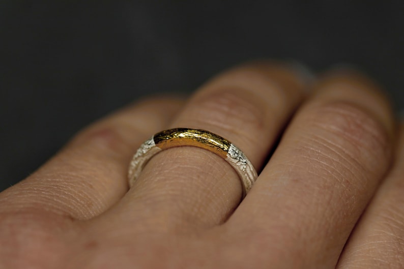 May include: A silver ring with a gold band. The ring has a textured surface.
