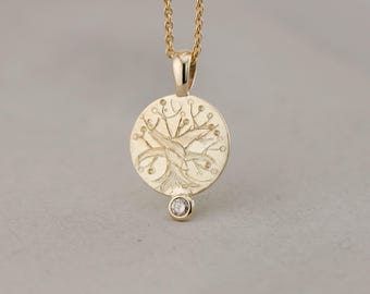 Pingente de árvore de ouro, pingente de árvore de ouro verdadeiro, feito à mão, pingente de colar, ouro amarelo 585, ourives, único, brilhante, diamante, árvore da vida