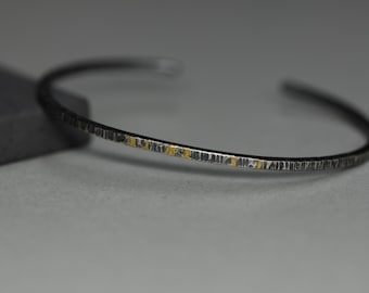 Forged bangle, men's bangle, blackened silver, fine gold, hammered, handmade, narrow, matte, men's jewelry bracelet black