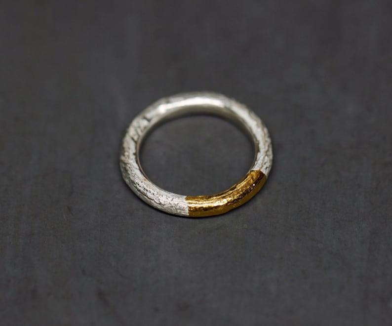Silver ring fine gold, organic structure, reticulated, silver and gold, goldsmith design, Keum Boo, unique jewelry, hand-forged image 1