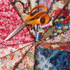 Japanese Kimono Print Fabric Bundle, 10 Cotton Medium Cut Pieces for sewing, scrapbooking, journaling