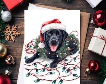 Könnte beinhalten: Weihnachtskarte mit einem schwarzen Labrador, der einen Weihnachtsmannhut und einen Girlande aus Grün trägt. Der Hund ist von roten Lichterketten umgeben. Die Karte liegt auf einer Holzoberfläche mit Weihnachtsdekorationen.