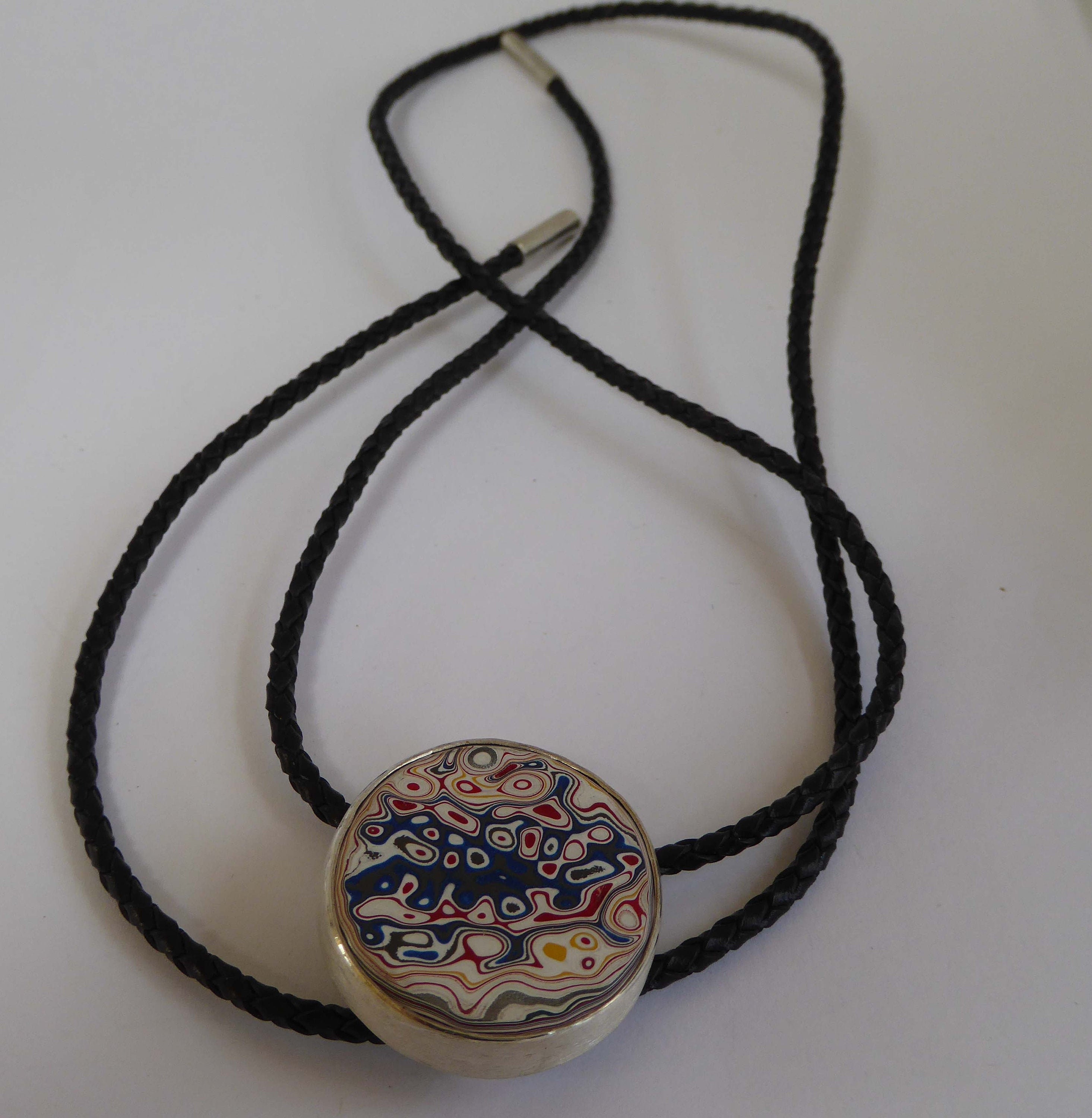 Kenworth Fordite Bolo Tie Plaited cord  with silver ends Hallmarked Gift boxed