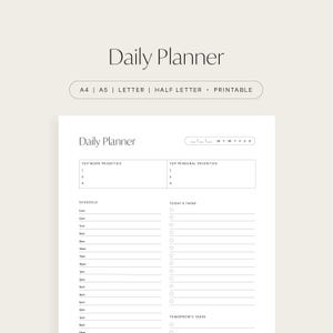 Plantilla de planificador diario, lista de tareas diarias minimalista sin fecha, horario elegante para el día, descarga imprimible, PDF tamaño A4/A5/carta/media carta