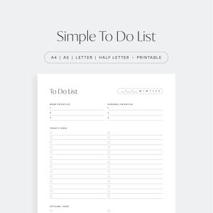 Lista de tareas sencilla, lista de tareas minimalista sin fecha, horario imprimible elegante, descarga imprimible, PDF tamaño A4/A5/carta/media carta