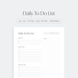 Lista de tareas diarias, lista de tareas minimalista sin fecha, horario imprimible elegante, descarga imprimible, PDF tamaño A4/A5/Carta/Media Carta