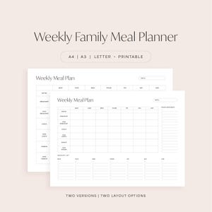 Planejador semanal de refeições familiares com lista de compras, cronograma minimalista de cardápio infantil, download para impressão, PDF A4/Letter/A3