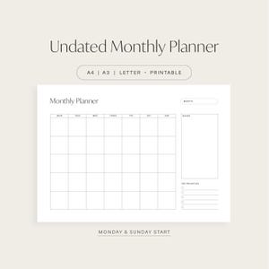 Modelo de calendário mensal sem data, planejador mensal minimalista, download para impressão, horizontal, A4/carta/A3