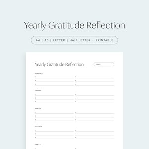 Plantilla de reflexión anual sobre la gratitud, diario de agradecimiento, descarga imprimible, tamaño A4/A5/carta/media carta en formato PDF