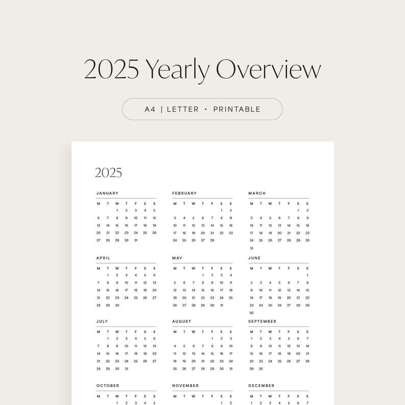 2025 Yearly Overview Calendar, Dated Year Planner Minimalist Template ...