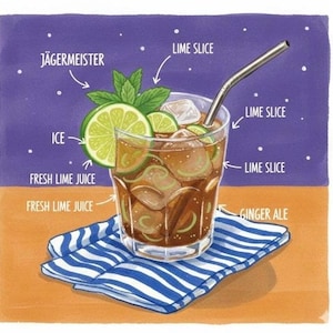 Puede incluir: Ilustración de un cóctel en un vaso con hielo, rodajas de lima y menta. La bebida está etiquetada con el texto "Jägermeister", "Fresh Lime Juice" y "Ginger Ale". El vaso está sobre una servilleta a rayas azules y blancas.