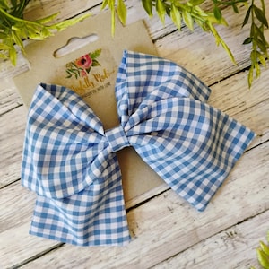 Blue Gingham Hair Bow: Handmade Cotton Hair Clip, Headband or Ornament