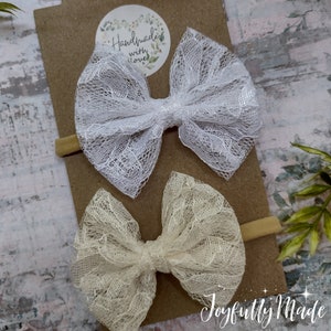 Cream and White Lace Bow Headband Set , Lace Bow ,  Lace Headband , Baby Headband