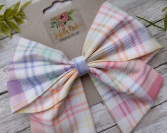 Spring Plaid Hair Bow , Easter Sailor Bow , Large Easter Bow , Easter Hair Clip