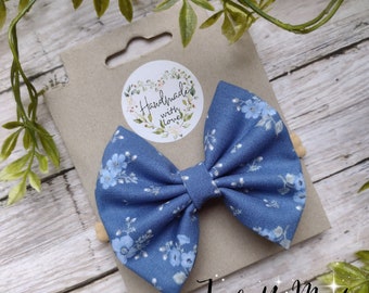 Dainty Blue Floral Hair Bow , Blue Hair Bow , Blue Headband , Blue Bow Headband