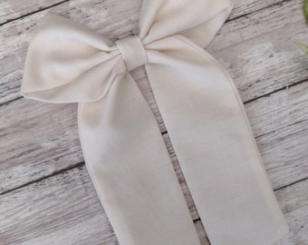 Cream Hair Bow with Tails , Cream Tails Bow , Large Cream Fabric Hair Bow , Cream Hair Clip