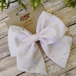 White Eyelet Hair Bow , White Eyelet Sailor Bow , White Eyelet Fabric Hair Bow , White Eyelet Hair Clip , Bow Ornament