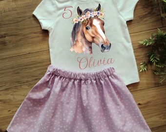 Personalized Horse Skirt Set - Horse Dress - Horse Outfit - Horse Shirt - Horse Birthday Outfit - Horse Birthday Dress