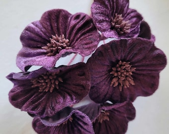 Purple Round Velvet Blossoms x6 Millinery Wedding Flowers