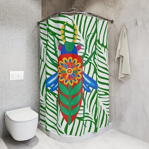 Green Jungle Beetle Shower Curtain: Tropical Bathroom Decor