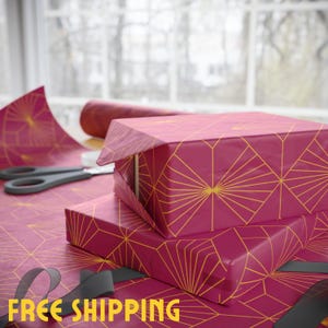 Carta da regalo Art Déco, finitura opaca, rosa scuro con decoro dorato - Carta da regalo, Carta da regalo, Articoli per feste, Confezioni regalo creative,
