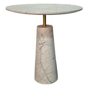 Natural Marble Side Table | Round Handmade Accent Table | Brass Detail | Conical Stone Base | Luxury Living Room Tables
