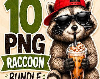 Funny Raccoon PNG Bundle – 10 Cute Coffee Designs, Viral Meme Clipart, Instant Download, T-Shirt Ready