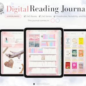 Digital Reading Journal | Pink Book Tracker, Digital Bookshelf | GoodNotes Hyperlinked Reading Log, Book Reviews, Challenges & Stickers