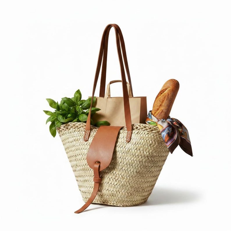 Straw Basket Bag With Leather Closure & Long Straps | Handwoven Palm ...