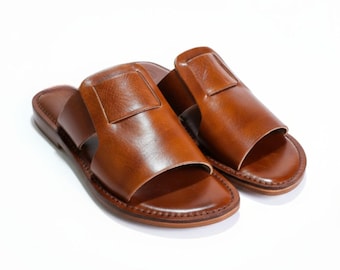 Handcrafted Moroccan Leather Flat Open Sandals for Men (EU 40-48)
