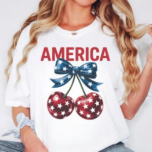 Camiseta vintage de cerezas de moda del 4 de julio, camiseta con colores navideños americanos, camiseta de cerezas, camiseta de verano, camisetas para amantes de la comida y las frutas.