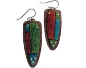 Long Shield Shaped Dangle Earrings: Olive, Teal and Dark Red