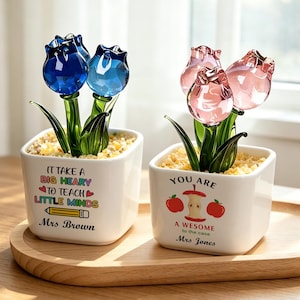 Può includere: Due composizioni decorative di tulipani in vasi quadrati bianchi. Uno ha tulipani di vetro blu, l'altro rosa. Ogni vaso ha un messaggio per un insegnante, con i nomi di Mrs. Brown e Mrs. Jones.