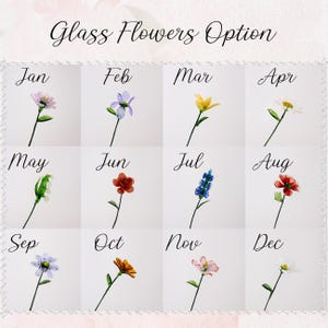 May include: A grid of twelve images of glass flowers, each representing a month of the year. The text "Glass Flowers Option" is at the top. Each flower is a different color, including pink, purple, yellow, white, green, red, and blue. The months are labeled Jan through Dec.