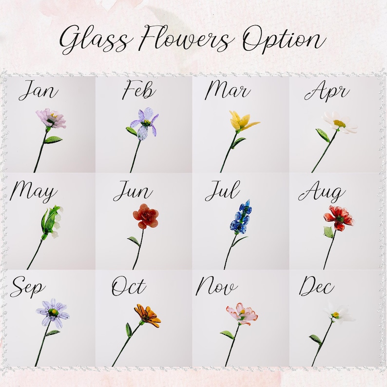 May include: A grid of twelve images of glass flowers, each representing a month of the year. The text "Glass Flowers Option" is at the top. Each flower is a different color, including pink, purple, yellow, white, green, red, and blue. The months are labeled Jan through Dec.
