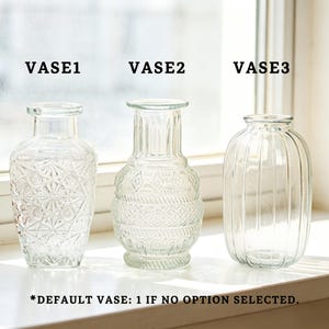 May include: Three clear glass vases with different designs are displayed. The vases are labeled "VASE1", "VASE2", and "VASE3". The first vase has a geometric pattern, the second has an embossed design, and the third has vertical ridges. Text at the bottom reads "*DEFAULT VASE: 1 IF NO OPTION SELECTED."