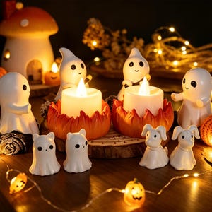 Peut inclure: Une collection de figurines de fantômes blancs et de petits chiens blancs disposés autour de deux bougeoirs orange en forme de flamme contenant des bougies LED, avec une maison champignon et des petites citrouilles orange.