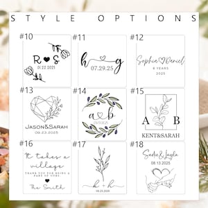 May include: A grid of nine black and white graphic design style options labeled 10 through 18. Each square features unique typography, dates, and line art illustrations including hearts, floral branches, geometric shapes, and hands holding pinky fingers.