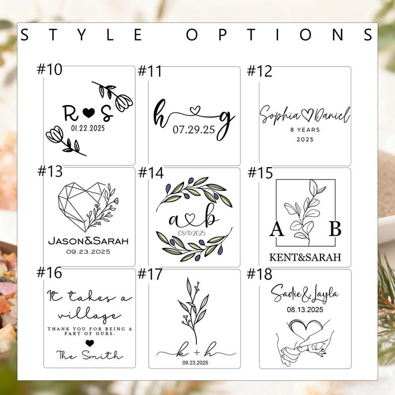 May include: A grid of nine black and white graphic design style options labeled 10 through 18. Each square features unique typography, dates, and line art illustrations including hearts, floral branches, geometric shapes, and hands holding pinky fingers.