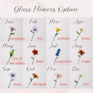 May include: A grid of twelve glass flower options, each representing a month. The flowers include a carnation, iris, daffodil, daisy, lily of the valley, rose, largerwort, poppy, aster, marigold, rosa, and lily. Text at the top reads "Glass Flowers Option."