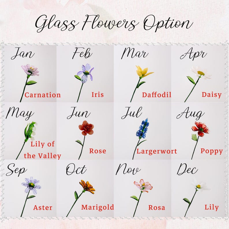 May include: A grid of twelve glass flower options, each representing a month. The flowers include a carnation, iris, daffodil, daisy, lily of the valley, rose, largerwort, poppy, aster, marigold, rosa, and lily. Text at the top reads "Glass Flowers Option."