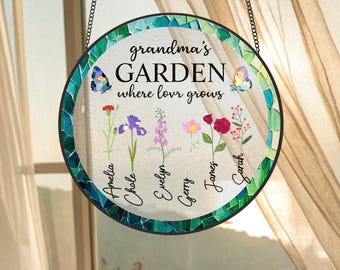 Grandma Gift, Personalized Birth Flowers Stained Glass Suncatcher, Custom Grandma's Garden Gift, Gift for Mom, Grandma Gift From Grandkids