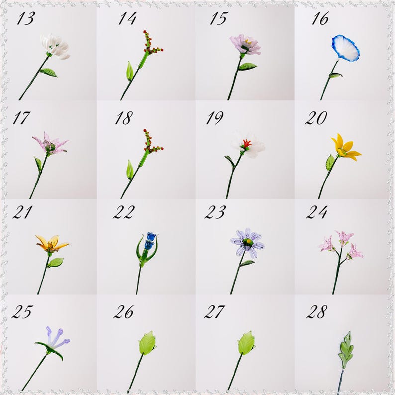 May include: A grid of 16 images of glass flowers and stems. The flowers are in various colors, including white, pink, yellow, blue, and purple. Each flower has a green stem and leaf. Numbers 13-28 are in the corners of each image.