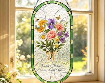 Family Birth Flower Bouquet, Birth Month Flowers, Personalized Stained Glass Window Hanging, Custom Birth Flower Gift, Mothers Day Gift