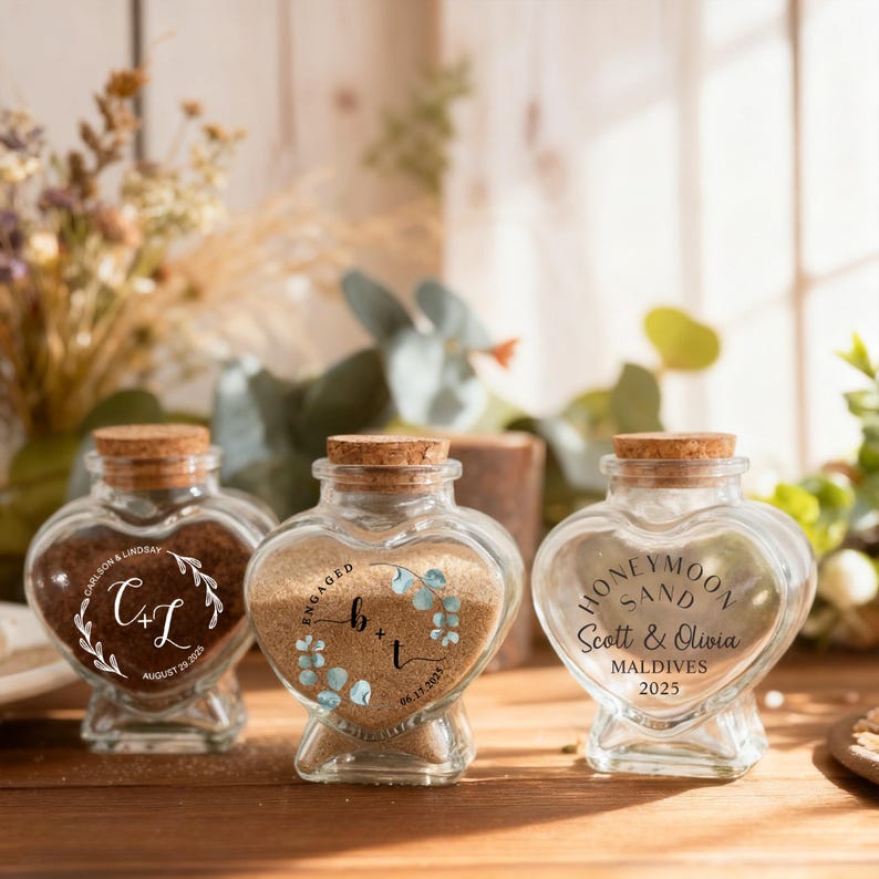 May include: Three heart-shaped glass jars with cork stoppers, each filled with sand. The jars feature custom engravings: one with 'C+L', one with 'b+t' and eucalyptus leaves, and one with 'Honeymoon Sand Scott & Olivia Maldives 2025'.
