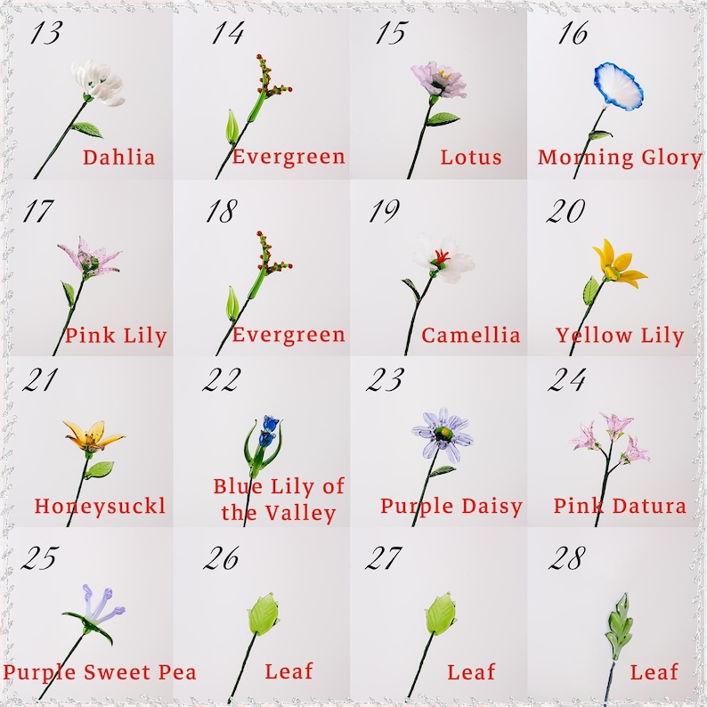 May include: A grid of 16 images of glass flowers and leaves. The flowers include Dahlia, Lotus, Morning Glory, Pink Lily, Camellia, Yellow Lily, Honeysuckl, Blue Lily of the Valley, Purple Daisy, Pink Datura, and Purple Sweet Pea. The leaves are green.